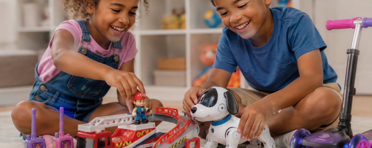 Crianças brincando com brinquedos infantis de até R$ 200