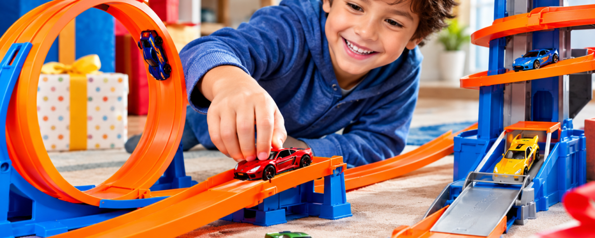 Criança brincando com pista Hot Wheels com loopings, rampas e carrinhos coloridos