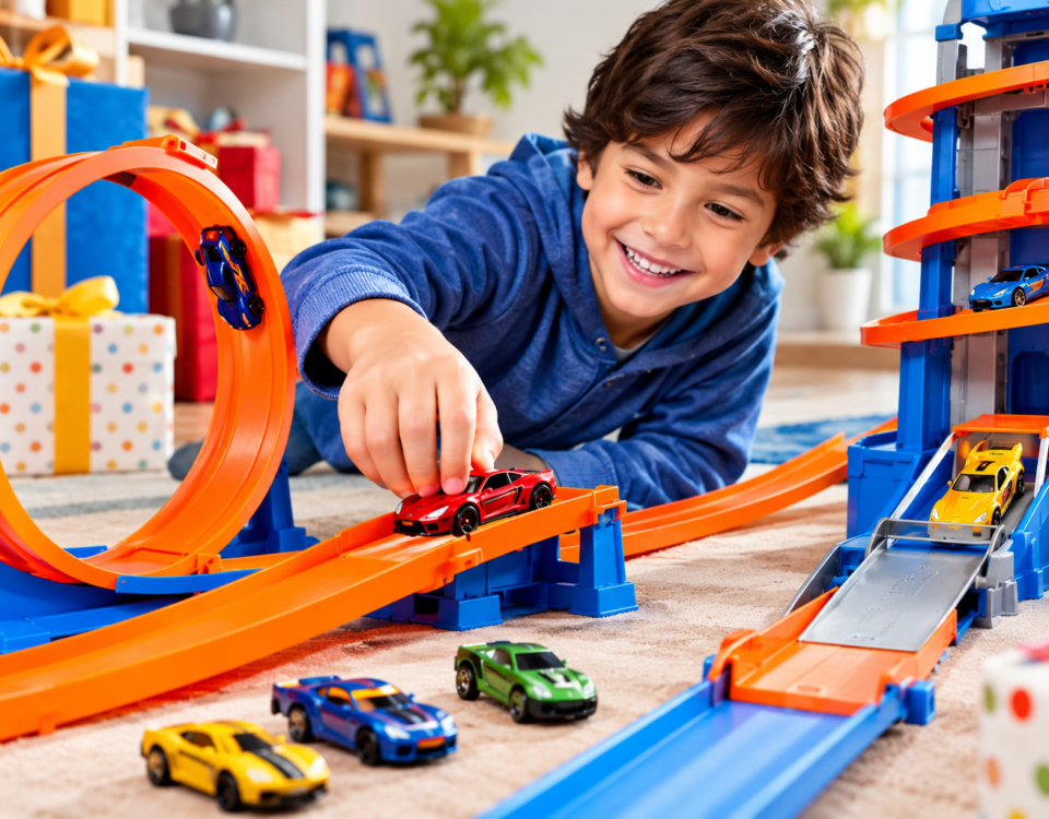 Criança brincando com pista Hot Wheels com loopings, rampas e carrinhos coloridos