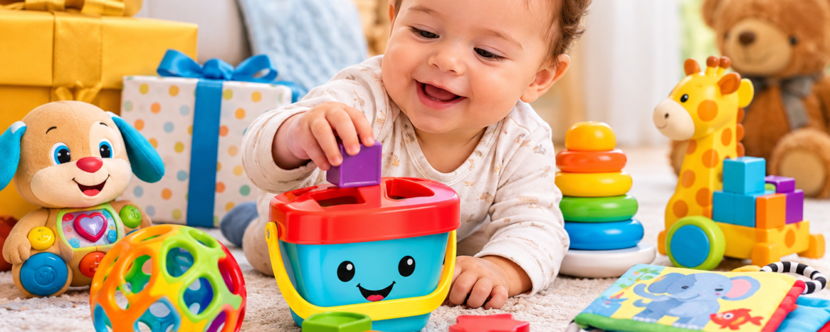 Bebê brincando com brinquedos Fisher-Price coloridos
