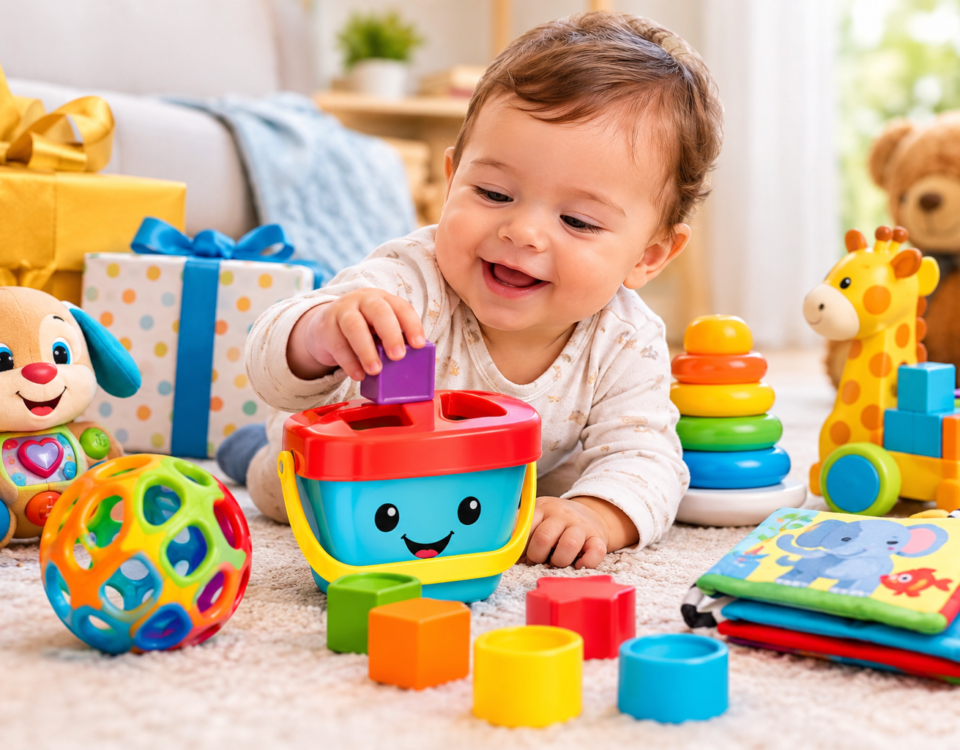 Bebê brincando com brinquedos Fisher-Price coloridos